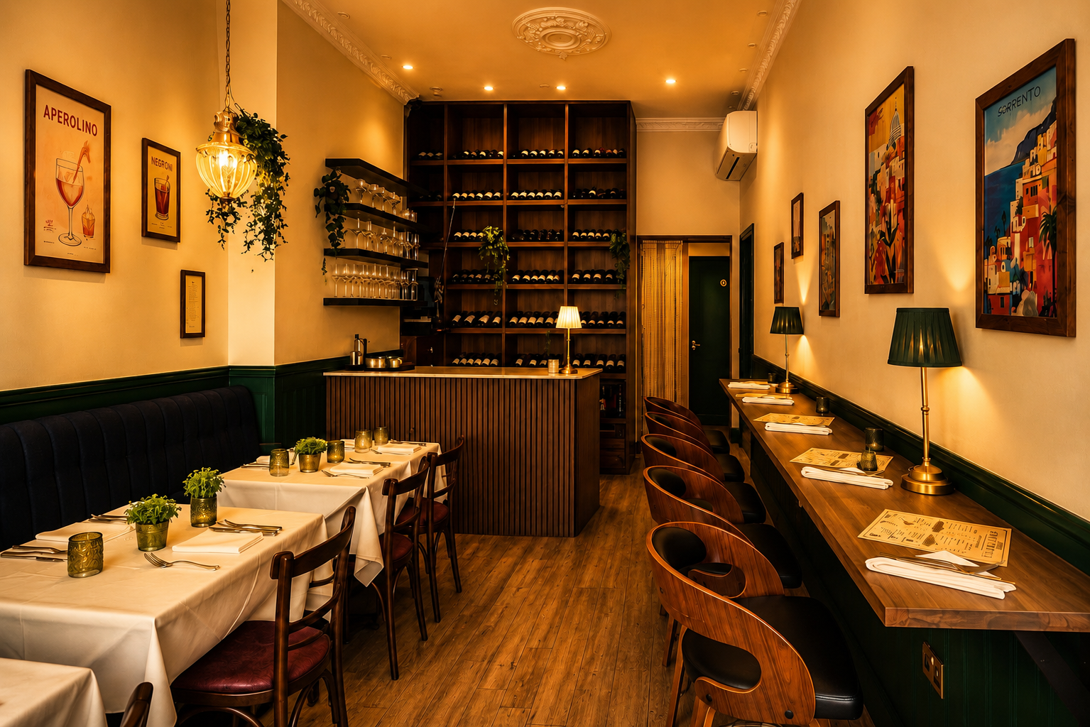 Cozy rustic Italian osteria interior with candlelight